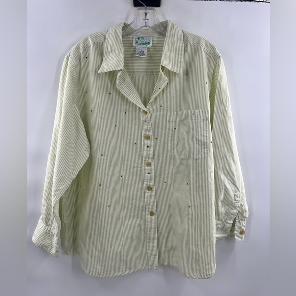 Quacker Factory striped yellow long sleeve button down shirt rhinestone studs 1X - Picture 1 of 6